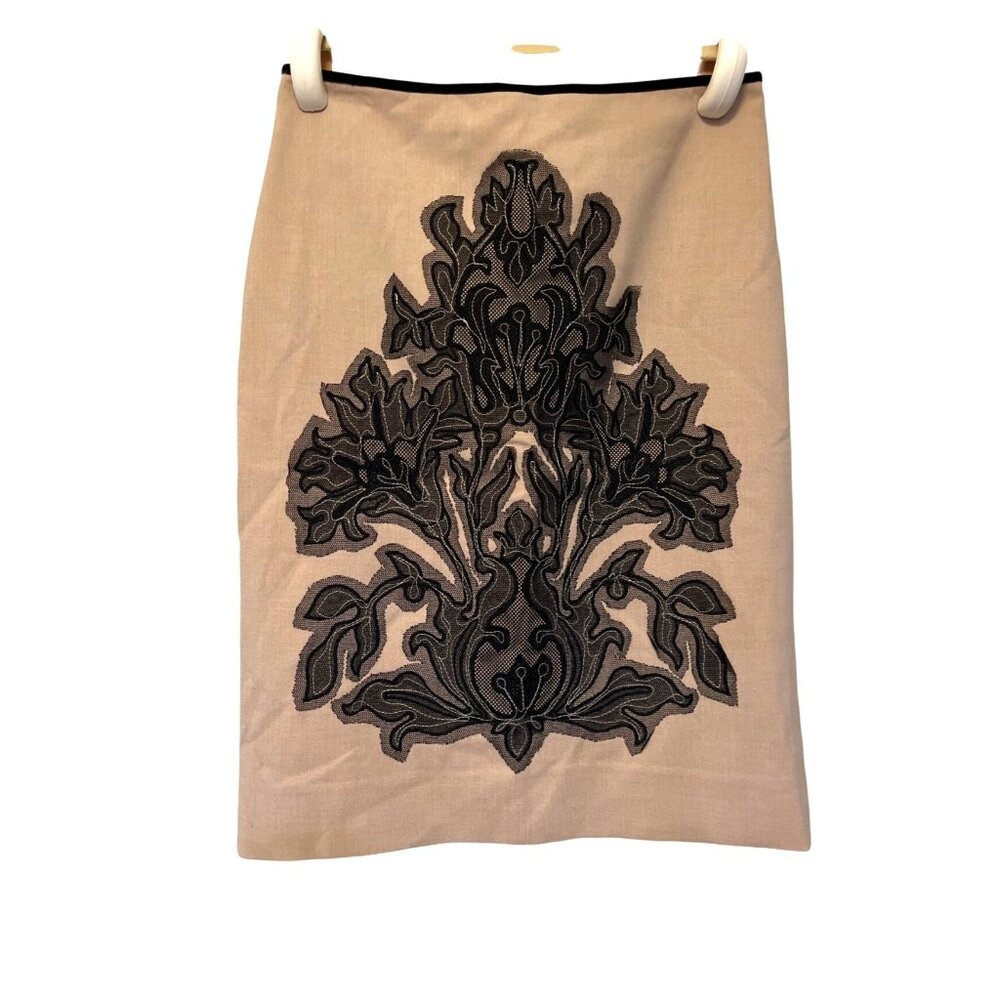 Per Se Per Romance Taupe Skirt With Black Lace Applique Size 6 Zipper Closure